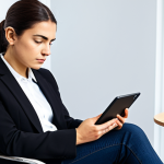 A focused individual dressed in modest, comfortable, professional-casual attire, fully clothed, appropriate attire, professional dress. They are seated comfortably on a modern ergonomic chair, holding a tablet or smartphone in their hands, deeply engrossed in a strategic puzzle game. Their gaze is intense, reflecting deep concentration as they contemplate their next move, with a thoughtful and determined expression. The setting is a brightly lit, clean co-working space or a cozy, well-organized home office. High-quality professional photography, perfect anatomy, correct proportions, natural pose, well-formed hands, proper finger count, natural body proportions, safe for work, appropriate content, fully clothed, professional.