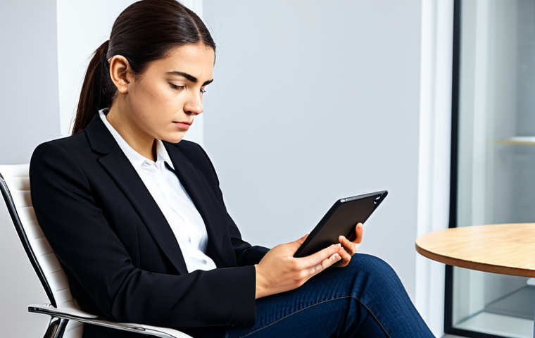 A focused individual dressed in modest, comfortable, professional-casual attire, fully clothed, appropriate attire, professional dress. They are seated comfortably on a modern ergonomic chair, holding a tablet or smartphone in their hands, deeply engrossed in a strategic puzzle game. Their gaze is intense, reflecting deep concentration as they contemplate their next move, with a thoughtful and determined expression. The setting is a brightly lit, clean co-working space or a cozy, well-organized home office. High-quality professional photography, perfect anatomy, correct proportions, natural pose, well-formed hands, proper finger count, natural body proportions, safe for work, appropriate content, fully clothed, professional.